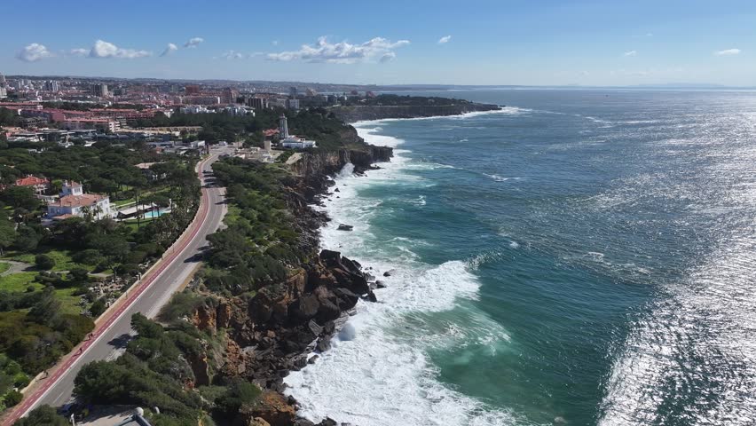 Cascais Skyline At Cascais Lisbon District Portugal. Aerial View Of Stunning Beach With Crystal Clear Waters. Shore Sky Clouds Beach Sea. Seaside Travel. Cascais Lisbon District.