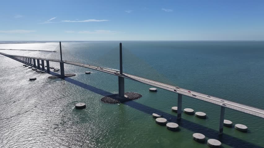 Sunshine Skyway Bridge At Saint Petersburg Florida United States. Stunning Landscape Of Highway Road Viewed From Above. Coast Clouds Sky Seaside Summertime. Coast International Beach Panoramic.