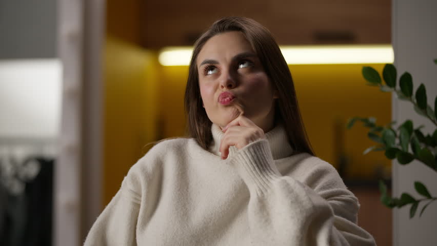 Unsure thoughtful pensive Caucasian woman thinking deep thoughts doubt decision female young girl home indoors puzzled lady contemplating planning homeowner businesswoman business plan solving problem