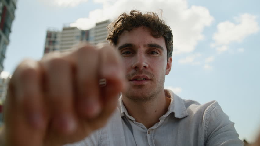 Point of view POV Caucasian man webcam male touchscreen guy zooming photo enlarge screen mobile phone addict scrolling smartphone cellphone business user fingers city outdoors display businessman zoom