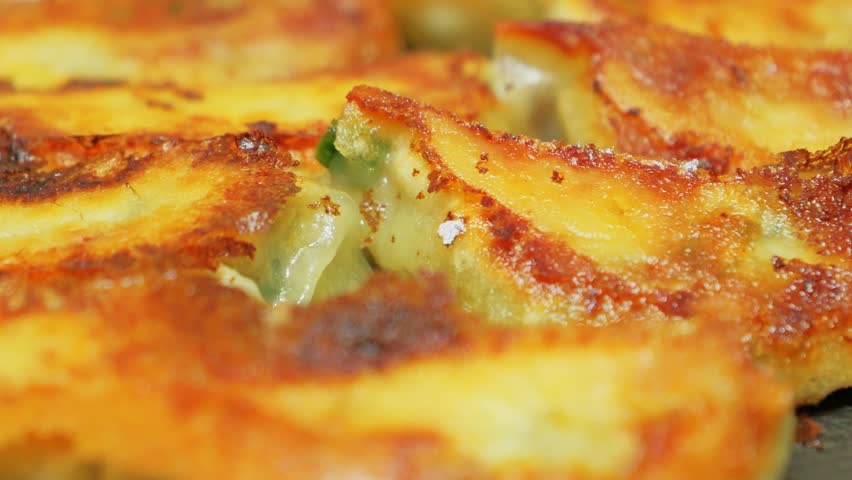 Delicious looking gyoza baked on a hot plate