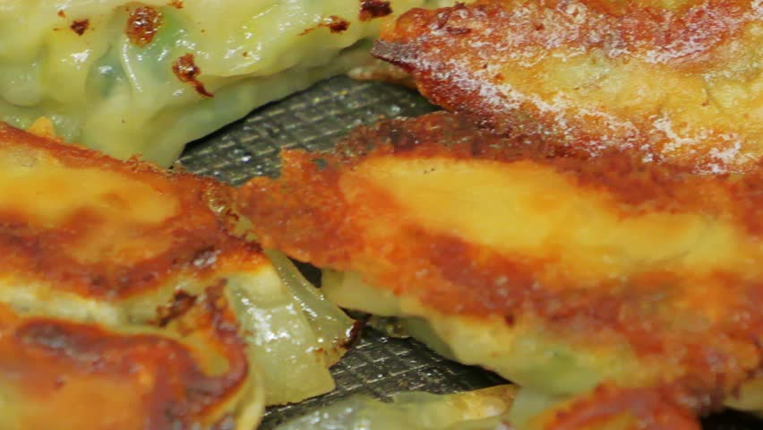 Delicious looking gyoza baked on a hot plate