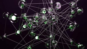 Abstract 3D network of glass spheres connected by lines with glowing green cores on a dark background. Futuristic neural structure, data visualization, or molecular model. - Powered by Shutterstock - Get 15% off with code: PIKWIZARD15