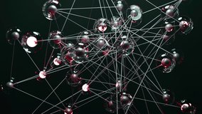 Abstract 3D network of glass spheres connected by lines with glowing red cores on a dark background. Futuristic neural structure, data visualization, or molecular model. - Powered by Shutterstock - Get 15% off with code: PIKWIZARD15