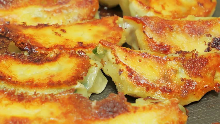 Delicious looking gyoza baked on a hot plate