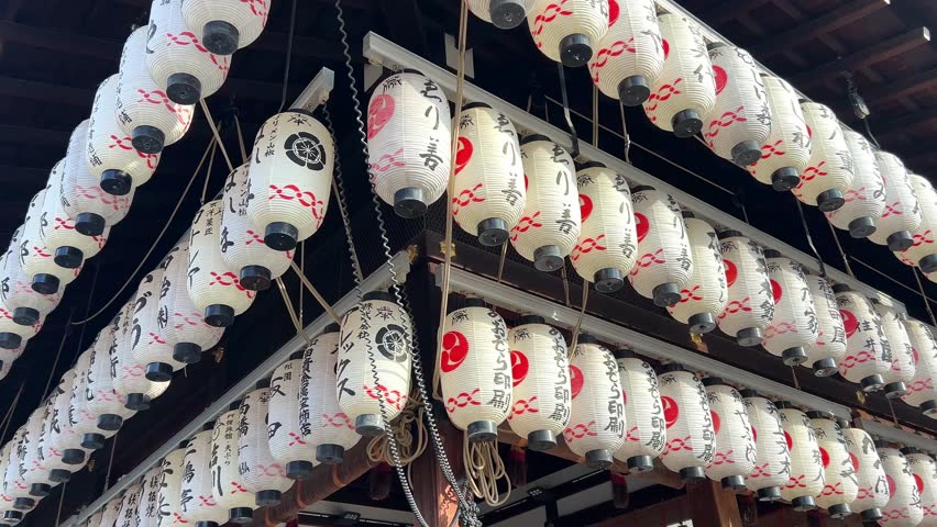  Japanese traditional paper lanterns illuminated in Yasaka shrine. Kyoto Japan. High quality 4K footage. 