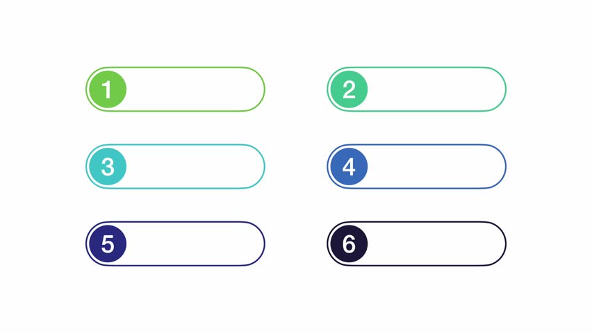 animated video of 6 steps rectangle shape with multicolor label  for marketing infographic, animation 4k