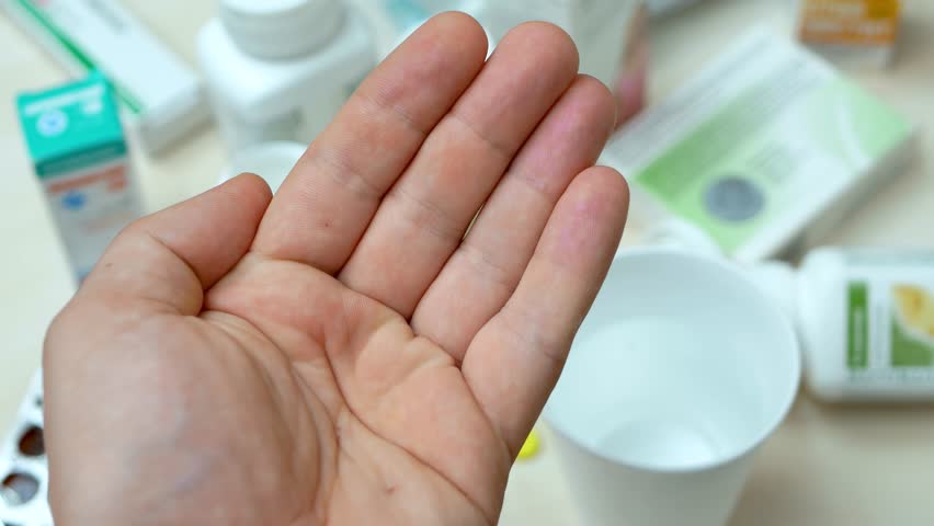 Yellow pills fall from bottle onto male hand. Medication, self care, health maintenance concept. Life health support services