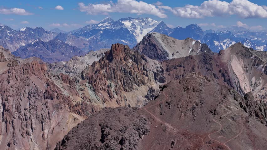 Snow-capped peaks and rocky ridges in the Andes, Argentina. The towering mountains stretch across the horizon under a bright blue sky.