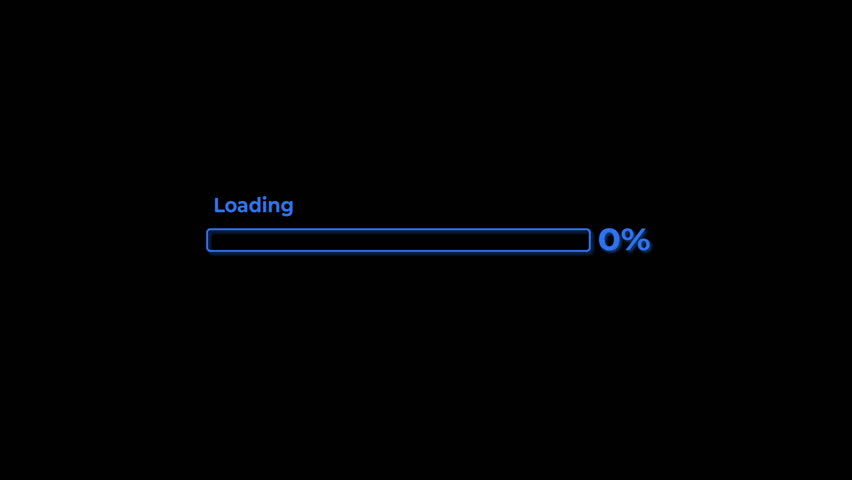 Animated minimal icon overlay of loading progress bar filling from 0 to 100 percent on black background. Symbol of download, update, buffering or digital loading screen. Concept: loading progress.