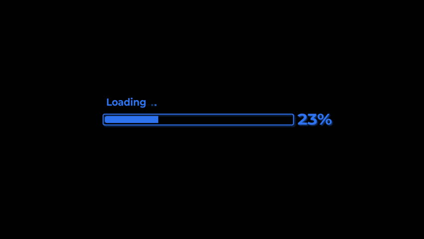 Animated minimal icon overlay of loading progress bar filling from 0 to 100 percent on black background. Symbol of download, update, buffering or digital loading screen. Concept: loading progress.