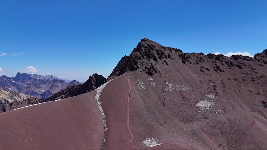 Drone image of a narrow Andean ridge near Aconcagua, Argentina. The dry, rocky terrain extends into the distance, with deep valleys and distant mountain peaks visible.