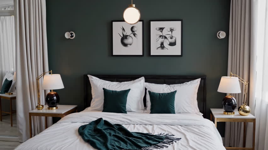 A chic and stylish bedroom featuring a calming green wall, beautiful artwork, and cozy textiles for a serene retreat