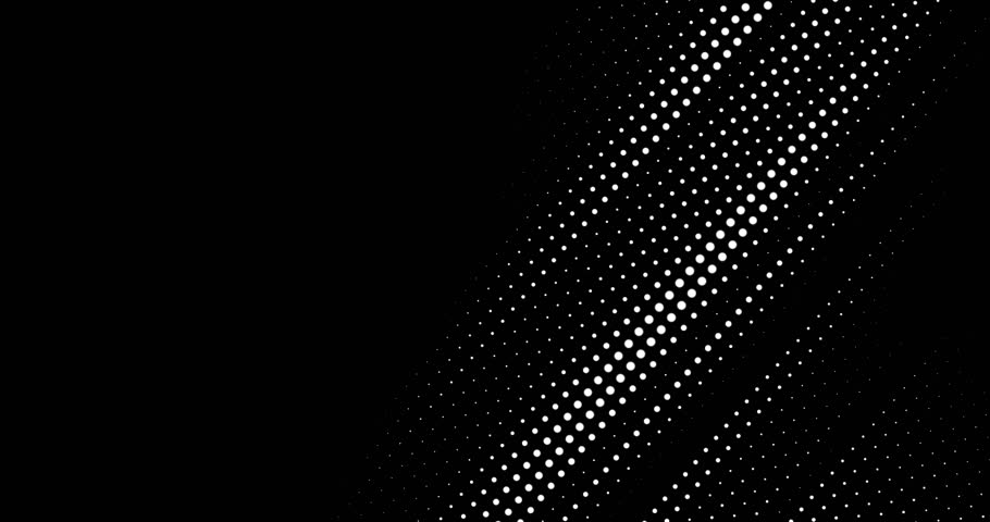 4k black and white tones halftone background. Dynamic circles dots fading diagonal over a dark backdrop. Modern sport abstract design. Loop animation. Animated texture of dots pattern. Dotted gradient
