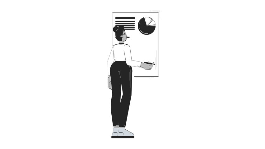 Black woman analyzing pie chart on presentation board outline 2D character doodle animation. Female analyst pen drawing data report animated person isolated on white. Linear drawing 4K video