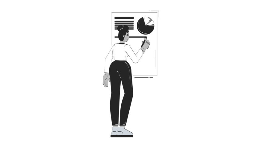 Black woman analyzing pie chart on presentation board outline 2D character doodle animation. Female analyst pen drawing data report animated person isolated on white. Linear drawing 4K video