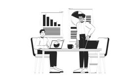Diverse professionals discussing charts and graphs outline 2D characters doodle animation. Business meeting presentation. Statistics analysts animated people isolated on white. Linear drawing 4K video - Powered by Shutterstock - Get 15% off with code: PIKWIZARD15