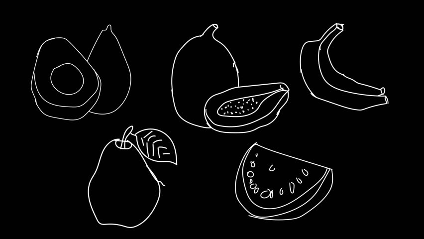 Colorful Scribble Hand Drawn Fruits Animation On Alpha Channel Screen, Banana, Apple, Papaya, Graps, Scribble Hand Drawn Motion Fruits On Alpha Background Animation. 5 Different Colorful Hand Drawn