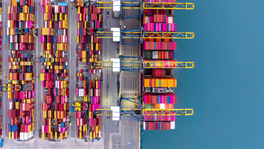 Aerial view container cargo ship freight shipping international, Global business freight shipping import export logistic transportation container ship, Container cargo ship sea freight, 4K, Timelapse.