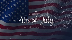 Happy 4th of July greeting animation, lettering text with waving USA flag background and fireworks splash, Happy Independence Day united states of america concept, for banner, feed, stories - Powered by Shutterstock - Get 15% off with code: PIKWIZARD15
