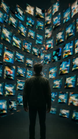 A person stands amidst a swirling, dynamic array of digital images, reflecting the essence of modern media saturation