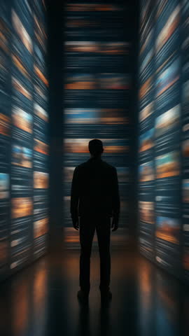 A silhouette in a vibrant digital space, capturing the essence of technology and continuous data flow