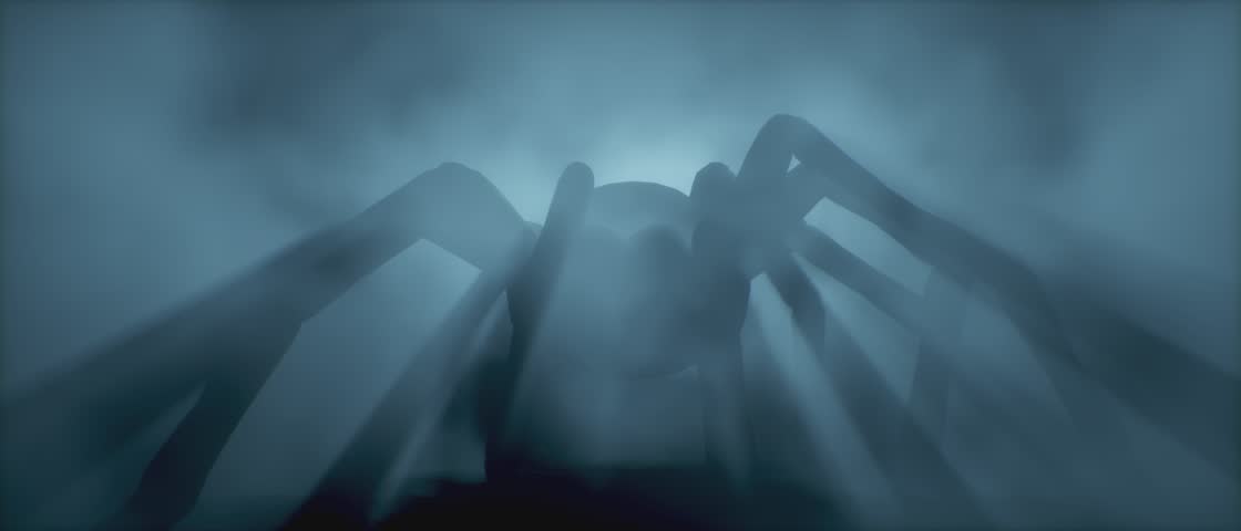 Giant spider silhouette emerging from fog in dramatic backlight. Creepy horror scene in misty darkness, perfect for thriller, mystery, or Halloween themed projects. 3d render.