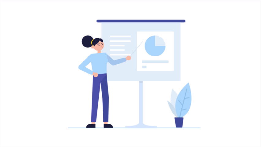 2D animation of a female character explaining a business chart. Flat style explainer scene on white background, ideal for corporate videos and presentations.