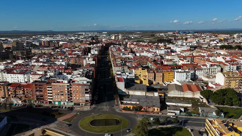 Badajoz, Spain 05.18.2025 downtown aerial with avenue and roundabout