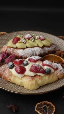 Food for breakfast sweet strawberry croissants with chocolate filling. French dessert, croissants with fruit and berries