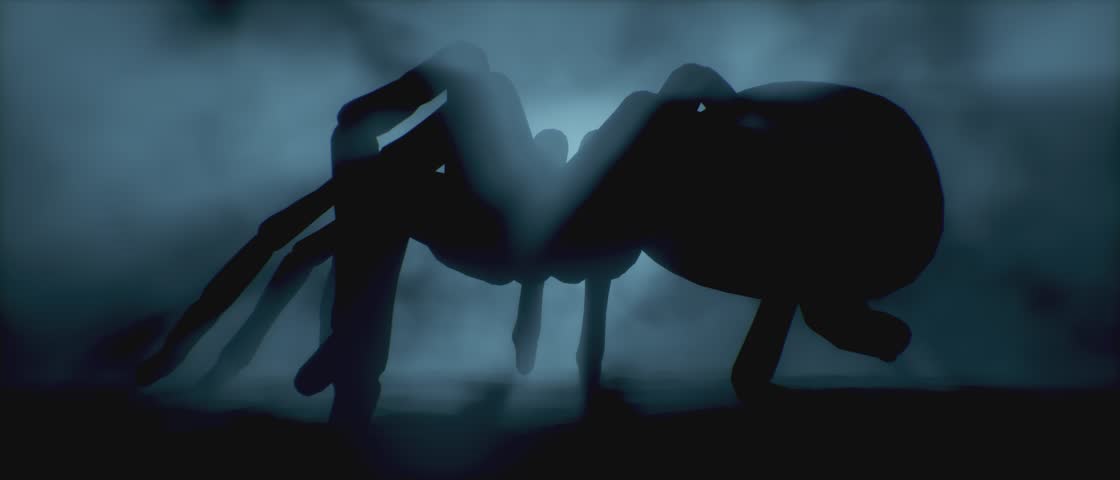 Giant spider silhouette emerging from fog in dramatic backlight. Creepy horror scene in misty darkness, perfect for thriller, mystery, or Halloween themed projects. 3d render.