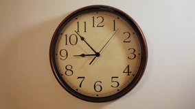 Retro clock ticking. The second hand is moving slowly. The time is running in the morning. Worn old analogue timepiece at home on a white wall. - Powered by Shutterstock - Get 15% off with code: PIKWIZARD15