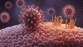 A 3D animation shows coronavirus particles on a ciliated epithelial cell surface. One virion appears to be budding or assembling from another, highlighting a stage of viral replication or interaction. - Powered by Shutterstock - Get 15% off with code: PIKWIZARD15