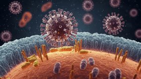 A 3D animation zooms in on a coronavirus particle resting on a host cell surface, featuring visible cilia, mitochondria, and endoplasmic reticulum, with other virions in the background. - Powered by Shutterstock - Get 15% off with code: PIKWIZARD15