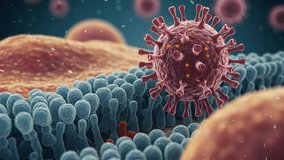 A 3D animation depicts a coronavirus particle descending and settling onto a dense, blue, cilia-like or phospholipid bilayer surface of a host cell, illustrating viral attachment. - Powered by Shutterstock - Get 15% off with code: PIKWIZARD15