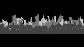 A monochromatic cityscape showcasing destroyed and leaning skyscrapers, with broken structures and rubble. - Powered by Shutterstock - Get 15% off with code: PIKWIZARD15