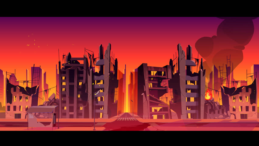 Post-apocalyptic animation of a destroyed urban zone with crumbling structures, smoke, and vibrant orange-purple tones.