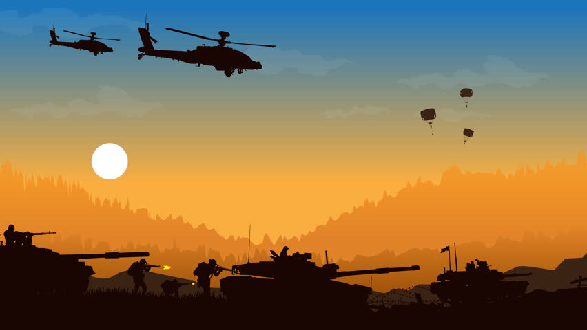 Dramatic battlefield silhouette animation featuring tanks, helicopters, jet fighters, and soldiers advancing at sunset—ideal for war, defense, or patriotic projects.