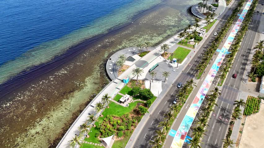 Jeddah: Aerial view of jeddah city in Saudi Arabia, skyline of Waterfront, Red Sea - drone landscape panorama 4k video