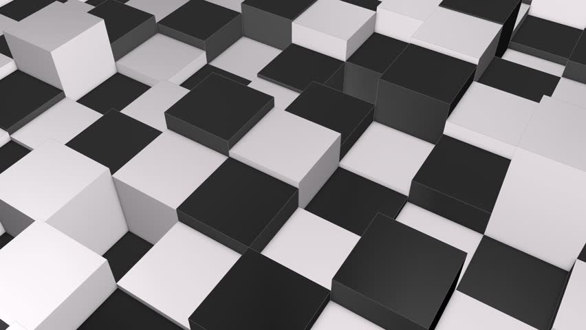 
3D Animation of Rising and Falling Black and White Cubes in Abstract Geometric Pattern, Futuristic Minimalist Background, Seamless 4K Looping 