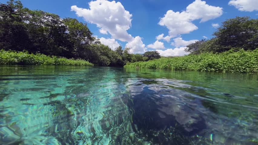 Low angle water surface POV, floating down clear Sucuri River current