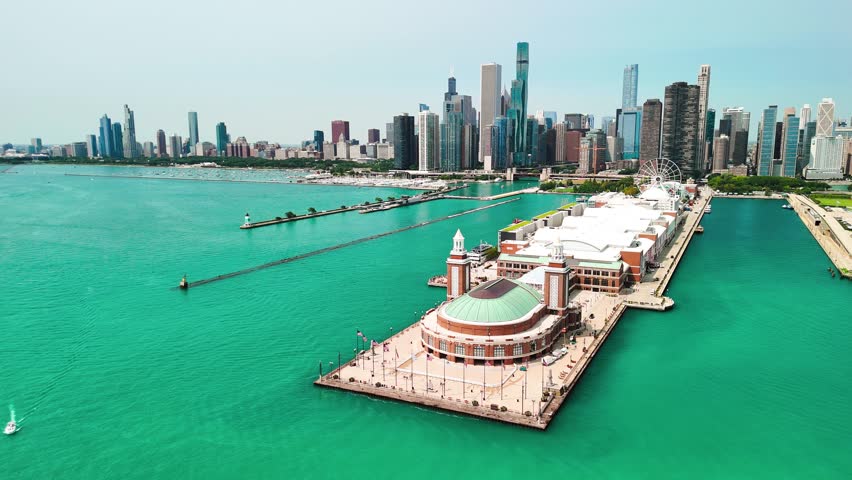 Stunning aerial view of Chicago skyline from Navy Pier with Lake Michigan backdrop