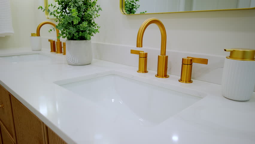 The elements of Modern Bathroom Faucet. Fancy double sink. Close up move view