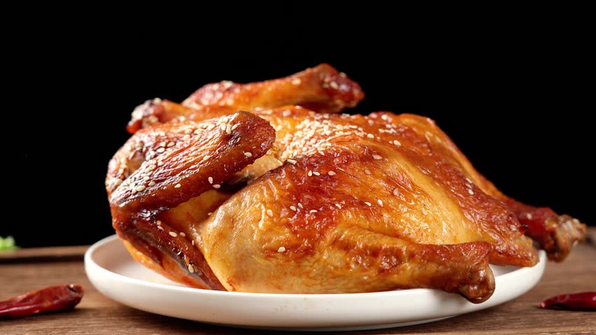 A whole delicious roasted chicken on table.