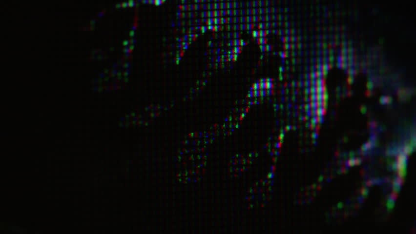 Broken display. Analog static. Grunge ink spills on grid LCD shimmering color surface. Screen defocused defect digital glitch overlay.