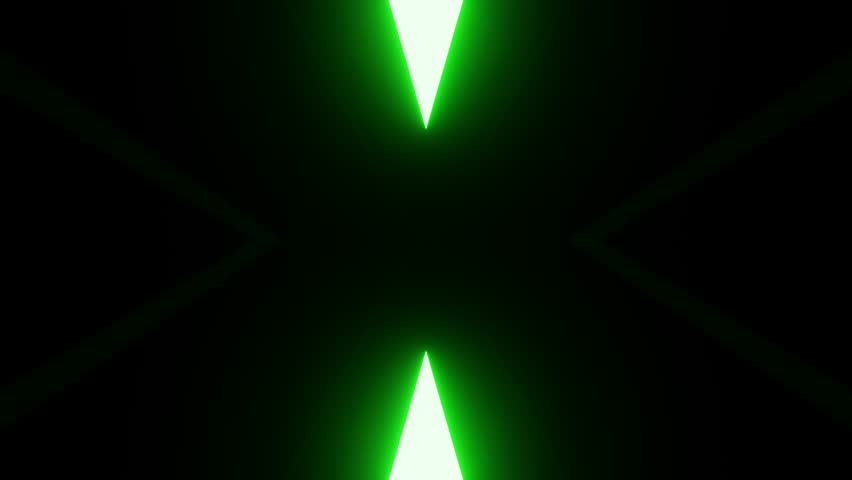 Green fluorescent triangles generating mesmerizing psychedelic motion, emerging and vanishing across dark geometric landscape with hypnotic visual dynamics