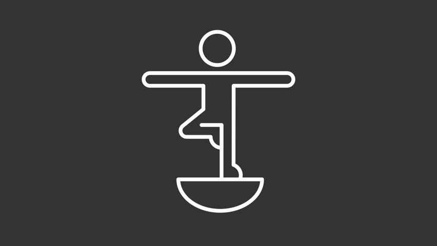 Animated balance training white line icon. Focused person standing on hemisphere animation. Athlete improving body strength. Fitness. Isolated element on dark background. Alpha transparent video