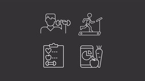 Animated healthy lifestyle animation set. Programs of training and nutrition animated white line icons. Fitness routine. Sports activity. Isolated elements on dark background. Alpha channel HD videol - Powered by Shutterstock - Get 15% off with code: PIKWIZARD15