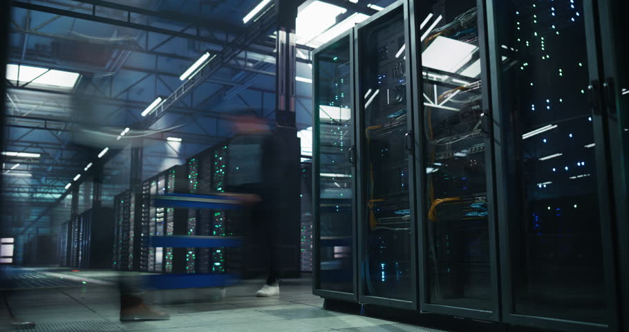 Timelapse Footage of Diverse Female and Male IT Professionals Working in a Technological Data Center Facility for AI Machine Learning. Specialists Using Computers, Walking, Installing Hardware
