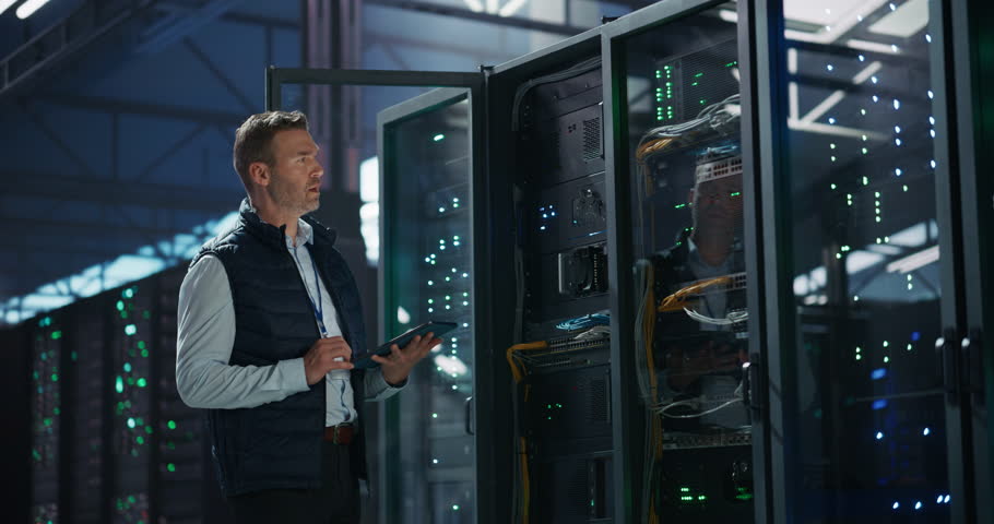 IT Specialist Standing Next to a Row of Operational Server Racks in a Data Center, Using Tablet Computer. Concept for Compute, Artificial Intelligence, Supercomputer, Cybersecurity